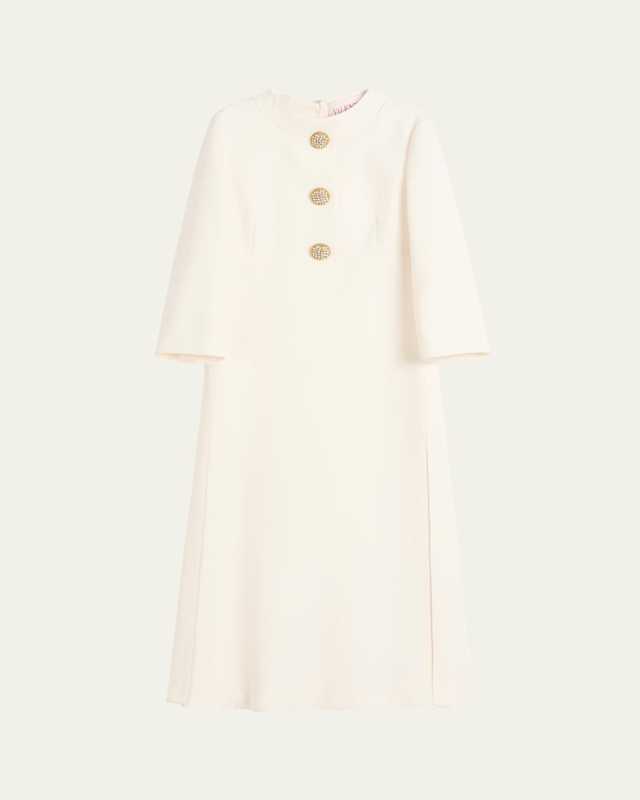 Quarter-Sleeve Brooch Wool Midi Dress